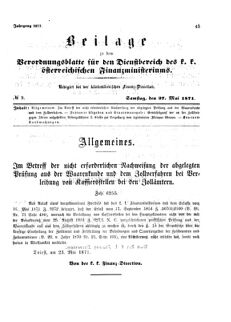 Verordnungsblatt für den Dienstbereich des K.K. Finanzministeriums für die im Reichsrate Vertretenen Königreiche und Länder 18710527 Seite: 1