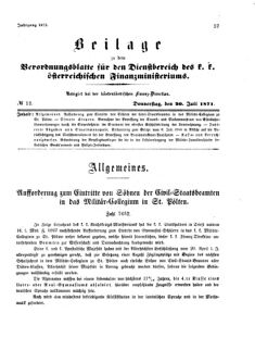 Verordnungsblatt für den Dienstbereich des K.K. Finanzministeriums für die im Reichsrate Vertretenen Königreiche und Länder 18710720 Seite: 1