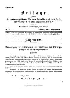 Verordnungsblatt für den Dienstbereich des K.K. Finanzministeriums für die im Reichsrate Vertretenen Königreiche und Länder 18710808 Seite: 1