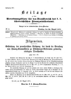 Verordnungsblatt für den Dienstbereich des K.K. Finanzministeriums für die im Reichsrate Vertretenen Königreiche und Länder 18710826 Seite: 1