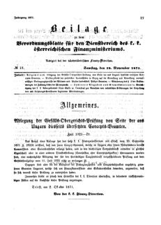 Verordnungsblatt für den Dienstbereich des K.K. Finanzministeriums für die im Reichsrate Vertretenen Königreiche und Länder 18711118 Seite: 1