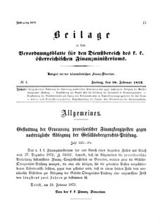 Verordnungsblatt für den Dienstbereich des K.K. Finanzministeriums für die im Reichsrate Vertretenen Königreiche und Länder 18730228 Seite: 1