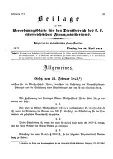 Verordnungsblatt für den Dienstbereich des K.K. Finanzministeriums für die im Reichsrate Vertretenen Königreiche und Länder 18730422 Seite: 1