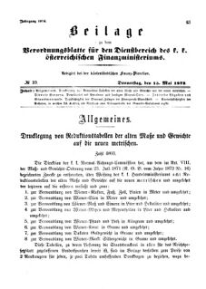 Verordnungsblatt für den Dienstbereich des K.K. Finanzministeriums für die im Reichsrate Vertretenen Königreiche und Länder 18730515 Seite: 1