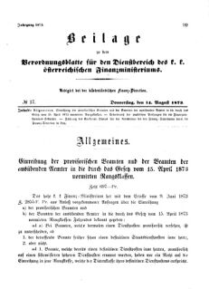 Verordnungsblatt für den Dienstbereich des K.K. Finanzministeriums für die im Reichsrate Vertretenen Königreiche und Länder 18730814 Seite: 1