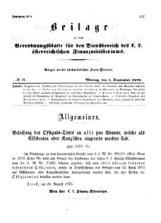 Verordnungsblatt für den Dienstbereich des K.K. Finanzministeriums für die im Reichsrate Vertretenen Königreiche und Länder 18730901 Seite: 1