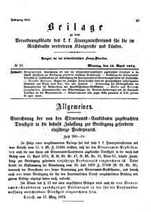 Verordnungsblatt für den Dienstbereich des K.K. Finanzministeriums für die im Reichsrate Vertretenen Königreiche und Länder 18740413 Seite: 1