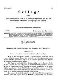 Verordnungsblatt für den Dienstbereich des K.K. Finanzministeriums für die im Reichsrate Vertretenen Königreiche und Länder 18740520 Seite: 1