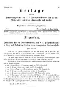 Verordnungsblatt für den Dienstbereich des K.K. Finanzministeriums für die im Reichsrate Vertretenen Königreiche und Länder 18740604 Seite: 1