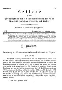 Verordnungsblatt für den Dienstbereich des K.K. Finanzministeriums für die im Reichsrate Vertretenen Königreiche und Länder 18750217 Seite: 1