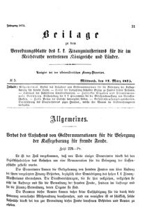 Verordnungsblatt für den Dienstbereich des K.K. Finanzministeriums für die im Reichsrate Vertretenen Königreiche und Länder 18750317 Seite: 1