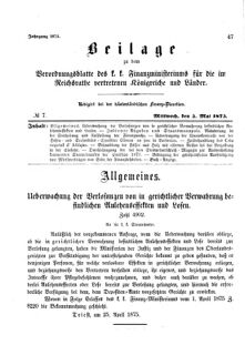 Verordnungsblatt für den Dienstbereich des K.K. Finanzministeriums für die im Reichsrate Vertretenen Königreiche und Länder 18750505 Seite: 1