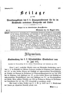 Verordnungsblatt für den Dienstbereich des K.K. Finanzministeriums für die im Reichsrate Vertretenen Königreiche und Länder 18750818 Seite: 1