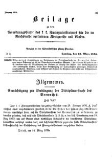 Verordnungsblatt für den Dienstbereich des K.K. Finanzministeriums für die im Reichsrate Vertretenen Königreiche und Länder 18760325 Seite: 1