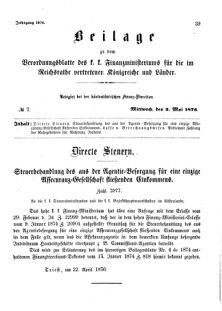 Verordnungsblatt für den Dienstbereich des K.K. Finanzministeriums für die im Reichsrate Vertretenen Königreiche und Länder 18760503 Seite: 1