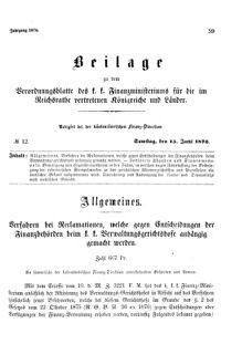 Verordnungsblatt für den Dienstbereich des K.K. Finanzministeriums für die im Reichsrate Vertretenen Königreiche und Länder 18760615 Seite: 1