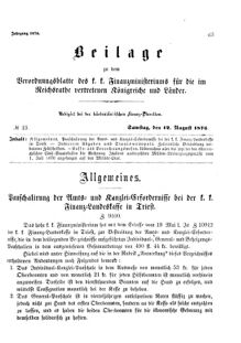 Verordnungsblatt für den Dienstbereich des K.K. Finanzministeriums für die im Reichsrate Vertretenen Königreiche und Länder 18760812 Seite: 1