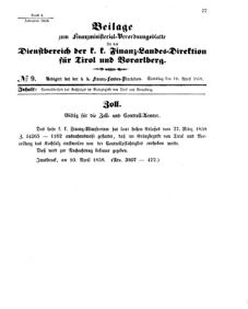 Verordnungsblatt für den Dienstbereich des K.K. Finanzministeriums für die im Reichsrate Vertretenen Königreiche und Länder 18580410 Seite: 1