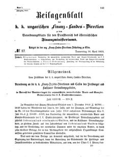 Verordnungsblatt für den Dienstbereich des K.K. Finanzministeriums für die im Reichsrate Vertretenen Königreiche und Länder 18550416 Seite: 1