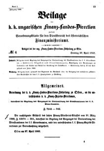 Verordnungsblatt für den Dienstbereich des K.K. Finanzministeriums für die im Reichsrate Vertretenen Königreiche und Länder 18600429 Seite: 1