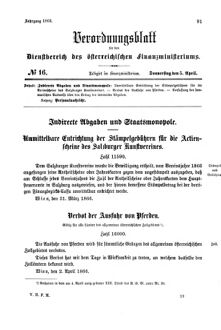 Verordnungsblatt für den Dienstbereich des K.K. Finanzministeriums für die im Reichsrate Vertretenen Königreiche und Länder 18660405 Seite: 1