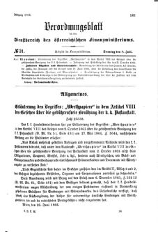 Verordnungsblatt für den Dienstbereich des K.K. Finanzministeriums für die im Reichsrate Vertretenen Königreiche und Länder 18660708 Seite: 1