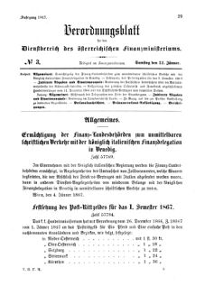 Verordnungsblatt für den Dienstbereich des K.K. Finanzministeriums für die im Reichsrate Vertretenen Königreiche und Länder 18670112 Seite: 1