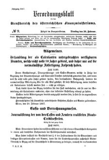 Verordnungsblatt für den Dienstbereich des K.K. Finanzministeriums für die im Reichsrate Vertretenen Königreiche und Länder 18670226 Seite: 1