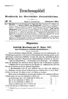 Verordnungsblatt für den Dienstbereich des K.K. Finanzministeriums für die im Reichsrate Vertretenen Königreiche und Länder 18670303 Seite: 1