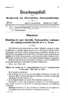 Verordnungsblatt für den Dienstbereich des K.K. Finanzministeriums für die im Reichsrate Vertretenen Königreiche und Länder