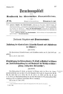 Verordnungsblatt für den Dienstbereich des K.K. Finanzministeriums für die im Reichsrate Vertretenen Königreiche und Länder 18670724 Seite: 1