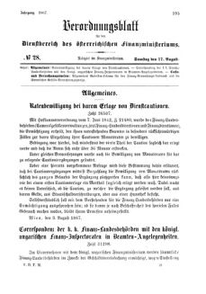 Verordnungsblatt für den Dienstbereich des K.K. Finanzministeriums für die im Reichsrate Vertretenen Königreiche und Länder 18670817 Seite: 1