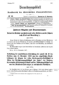 Verordnungsblatt für den Dienstbereich des K.K. Finanzministeriums für die im Reichsrate Vertretenen Königreiche und Länder 18670922 Seite: 1