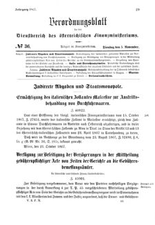 Verordnungsblatt für den Dienstbereich des K.K. Finanzministeriums für die im Reichsrate Vertretenen Königreiche und Länder 18671105 Seite: 1