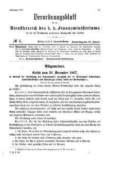 Verordnungsblatt für den Dienstbereich des K.K. Finanzministeriums für die im Reichsrate Vertretenen Königreiche und Länder 18680130 Seite: 1