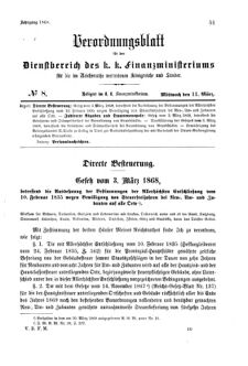 Verordnungsblatt für den Dienstbereich des K.K. Finanzministeriums für die im Reichsrate Vertretenen Königreiche und Länder 18680311 Seite: 1