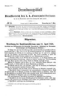 Verordnungsblatt für den Dienstbereich des K.K. Finanzministeriums für die im Reichsrate Vertretenen Königreiche und Länder 18680507 Seite: 1