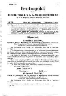 Verordnungsblatt für den Dienstbereich des K.K. Finanzministeriums für die im Reichsrate Vertretenen Königreiche und Länder 18680514 Seite: 1