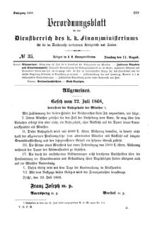 Verordnungsblatt für den Dienstbereich des K.K. Finanzministeriums für die im Reichsrate Vertretenen Königreiche und Länder 18680811 Seite: 1