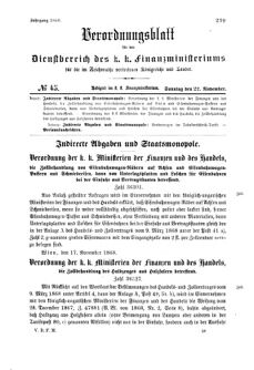 Verordnungsblatt für den Dienstbereich des K.K. Finanzministeriums für die im Reichsrate Vertretenen Königreiche und Länder 18681122 Seite: 1