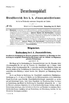 Verordnungsblatt für den Dienstbereich des K.K. Finanzministeriums für die im Reichsrate Vertretenen Königreiche und Länder