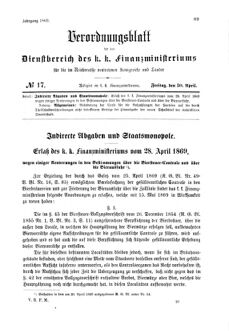 Verordnungsblatt für den Dienstbereich des K.K. Finanzministeriums für die im Reichsrate Vertretenen Königreiche und Länder 18690430 Seite: 1