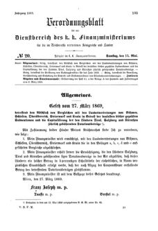 Verordnungsblatt für den Dienstbereich des K.K. Finanzministeriums für die im Reichsrate Vertretenen Königreiche und Länder 18690515 Seite: 1