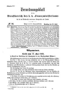 Verordnungsblatt für den Dienstbereich des K.K. Finanzministeriums für die im Reichsrate Vertretenen Königreiche und Länder 18690626 Seite: 1