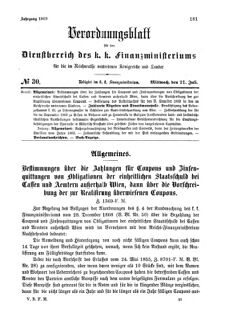 Verordnungsblatt für den Dienstbereich des K.K. Finanzministeriums für die im Reichsrate Vertretenen Königreiche und Länder 18690721 Seite: 1