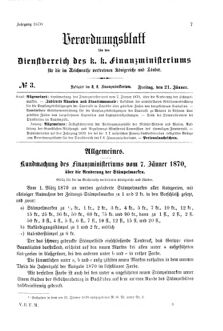 Verordnungsblatt für den Dienstbereich des K.K. Finanzministeriums für die im Reichsrate Vertretenen Königreiche und Länder 18700121 Seite: 1