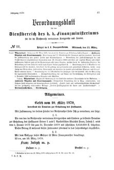 Verordnungsblatt für den Dienstbereich des K.K. Finanzministeriums für die im Reichsrate Vertretenen Königreiche und Länder 18700323 Seite: 1