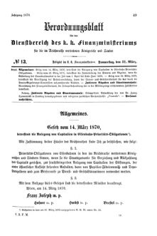 Verordnungsblatt für den Dienstbereich des K.K. Finanzministeriums für die im Reichsrate Vertretenen Königreiche und Länder 18700331 Seite: 1