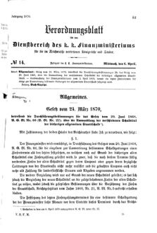 Verordnungsblatt für den Dienstbereich des K.K. Finanzministeriums für die im Reichsrate Vertretenen Königreiche und Länder 18700406 Seite: 1