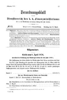 Verordnungsblatt für den Dienstbereich des K.K. Finanzministeriums für die im Reichsrate Vertretenen Königreiche und Länder 18700412 Seite: 1